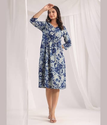 Janasya Women Cotton Printed A-line Dress ( Indigo )