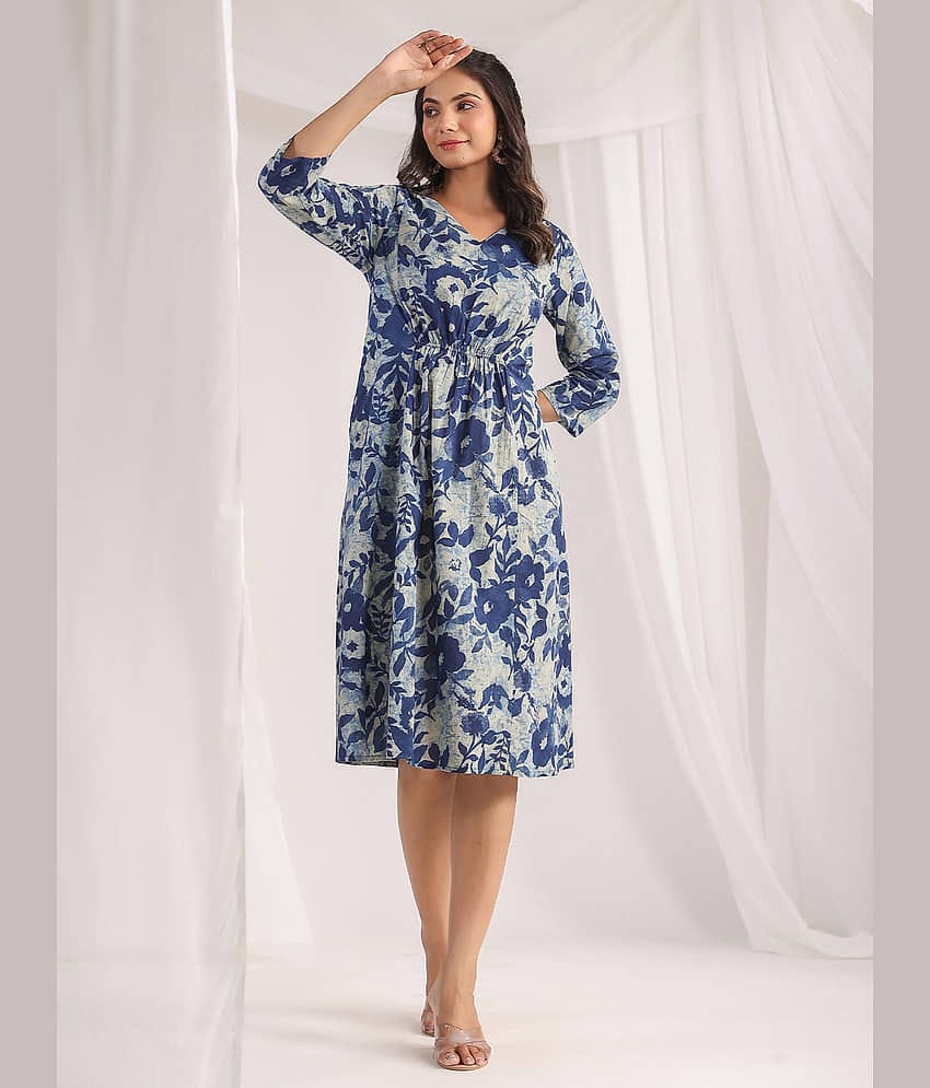 Janasya Women Cotton Printed A-line Dress ( Indigo )