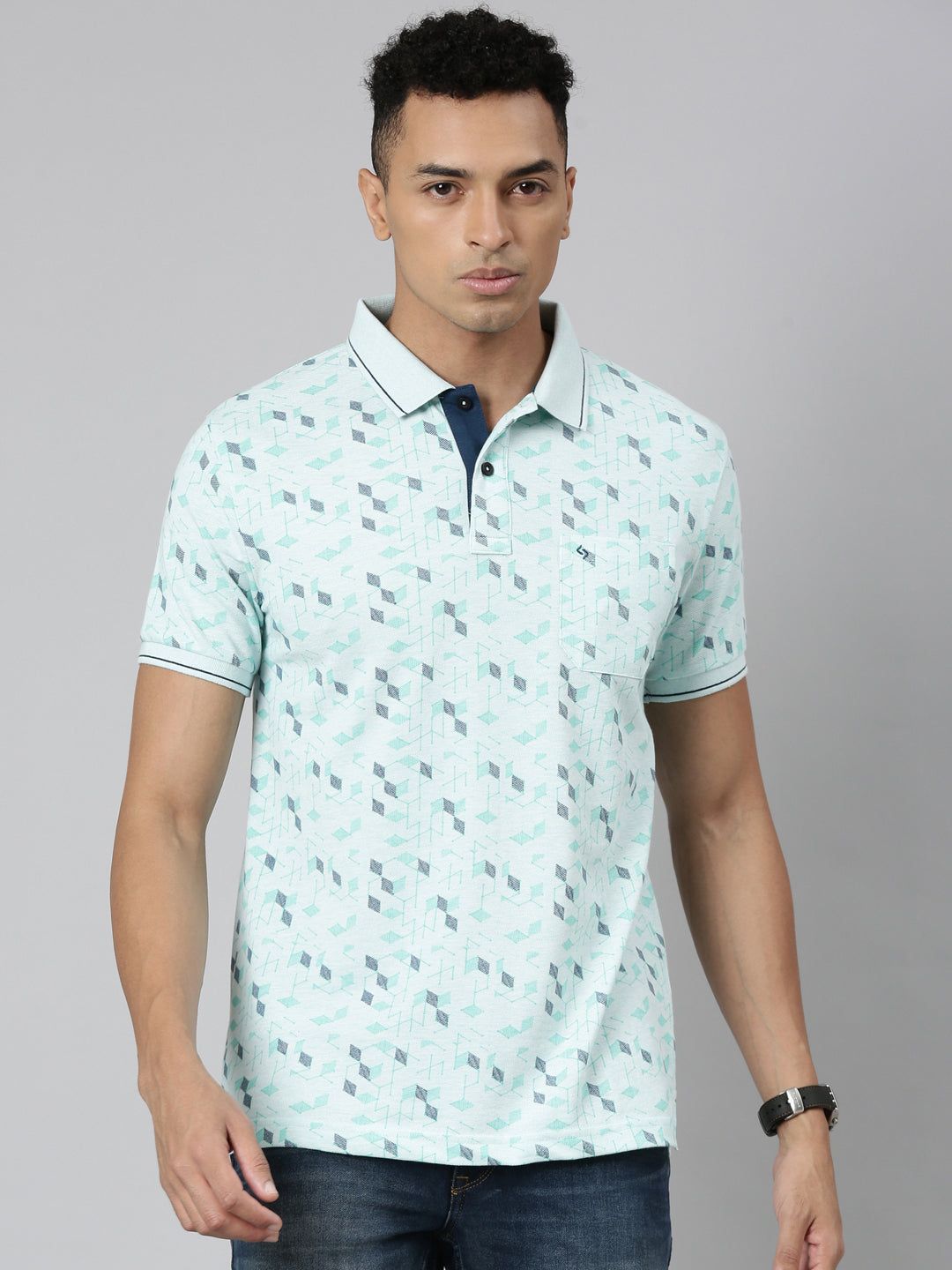 Classic Polo Men's Polo Neck Cotton Lt.Green Slim Fit Printed T-Shirt | BEAU-242 B SF P