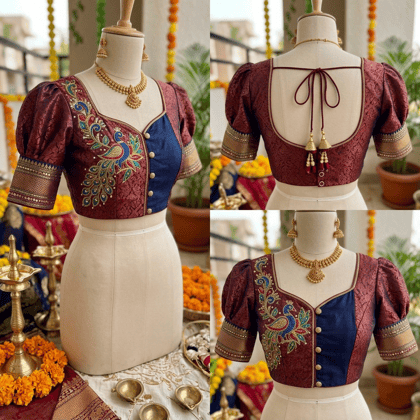 Elegant Prince Cut Brocade Blouse with Peacock Embroidery and Puff Sleeves Pack of 1