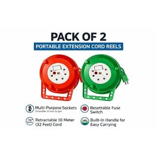 Pack of 2 Portable Extension Cord Reels 10 Meter (32ft) Retractable Cable with Multi-Purpose Sockets, Resettable Fuse Switch, and Built-In Carry Handle (Red & Green)
