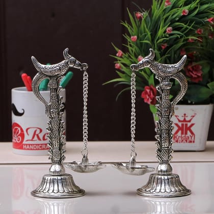 DreamKraft Silver Plated Metal Hanging Diya Pair - Parrot Design | Pack of 2 | Pillar Parrot Design | 7.5 Inches | Weight: 300 Gm