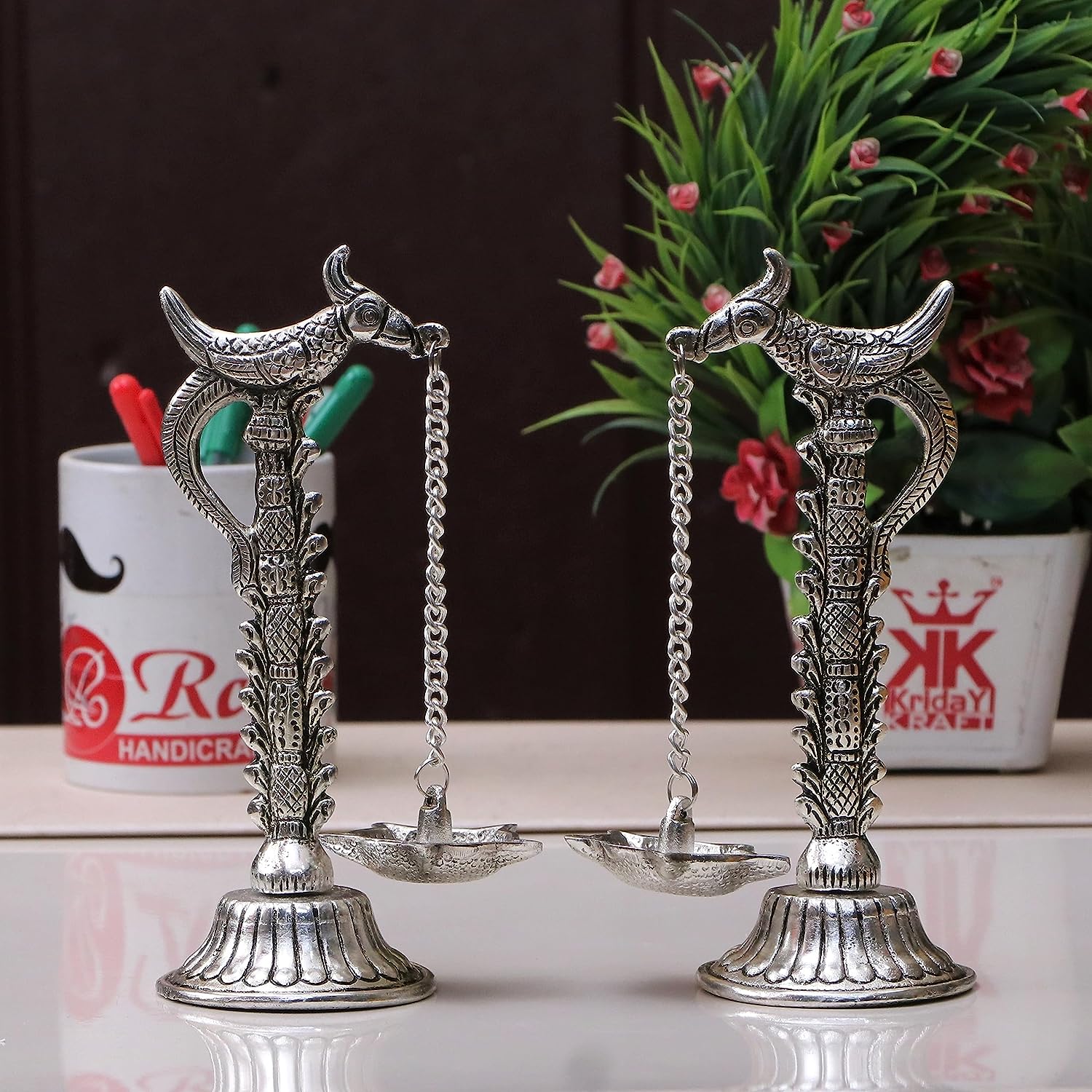 DreamKraft Silver Plated Metal Hanging Diya Pair - Parrot Design | Pack of 2 | Pillar Parrot Design | 7.5 Inches | Weight: 300 Gm