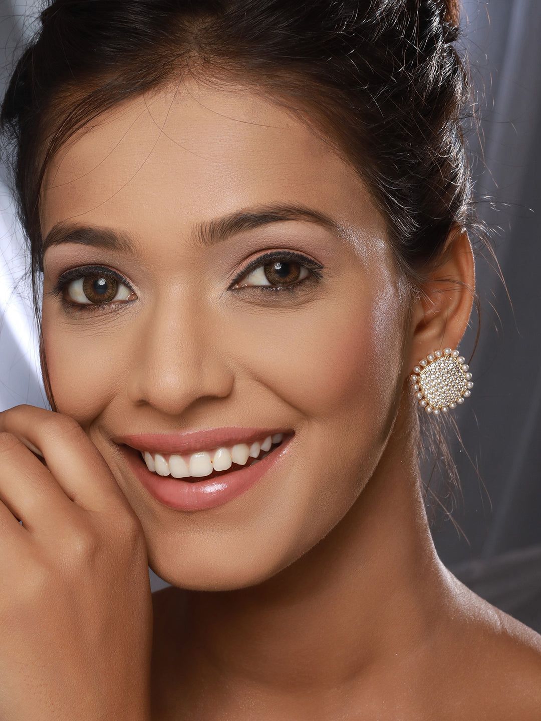 Gold Toned AD Studded Pearl Minimal Studds Earring