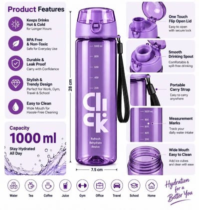 Click 1000ml Leak-Proof Sports Water Bottle (Purple) | BPA-Free & Durable | Gym, Office & Travel