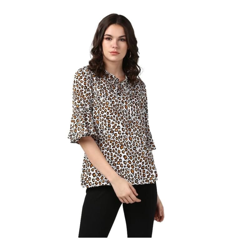 Women's Polyester Animal Print Bell Sleeve Top (Orange - Black, M)-PID55900