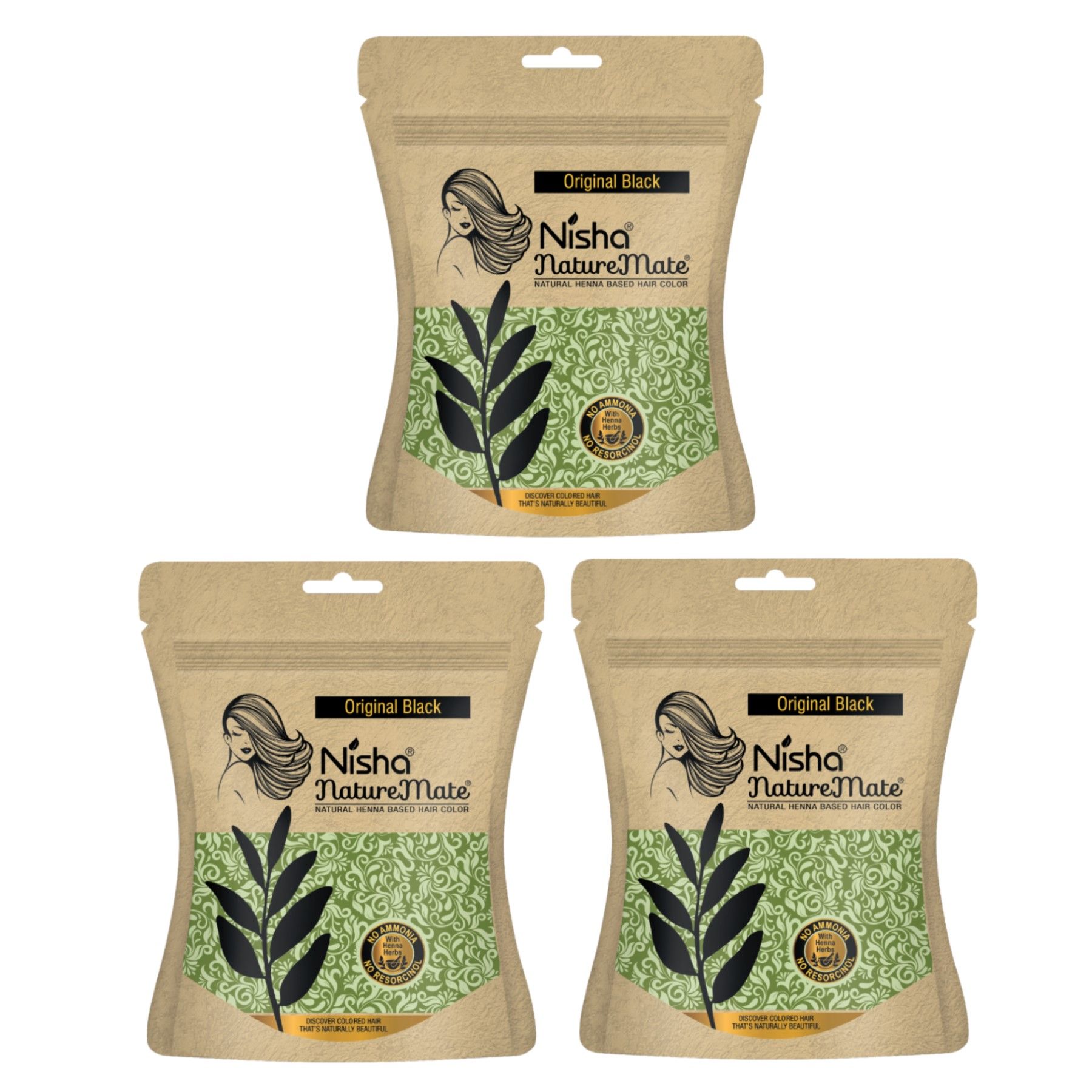 Nisha Nature Mate Henna Based Hair Colour Original Black 45gm Pack of 3, No Ammonia, No Resorcinol, 100% Grey Coverage