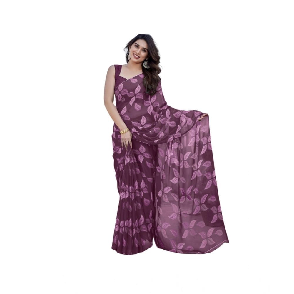 womens chiffon printed saree with unstitched blouse 5mtr purple pid63876