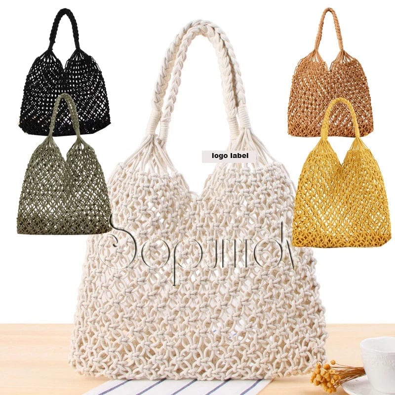 Wholesale Fashion Straw Indonesia Mesh Clutch Cotton Beach Tote Bag Shopping Tote Net Rattan Tote Bag with Handle