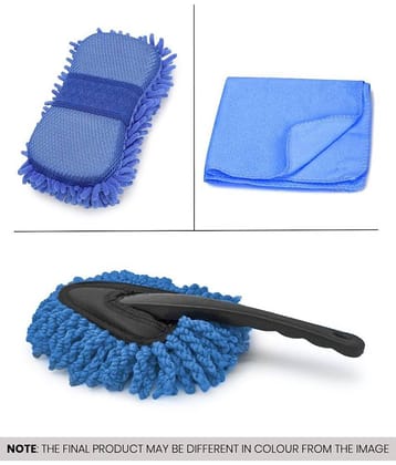 Mahek Accessories - Car Cleaning Combo Of Wet & Dry Microfiber Mini Duster , Microfiber Sponge And Microfiber Towel 40*40 CM 250 GSM for car accessories( Pack Of 3 )