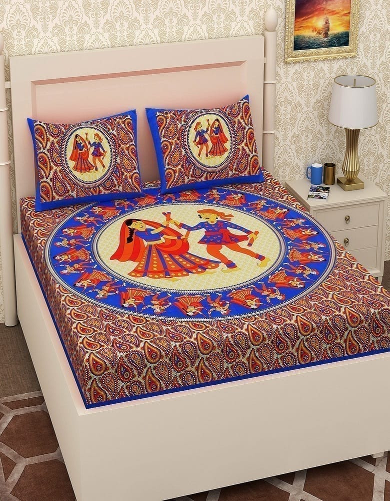 3001-Hometrade India-Standard King Size (90*108 Inches)-Pure Cotton Jaipuri Double Bedsheet With Matching Pillow Cover