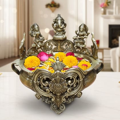 Brass Urli with Laxmi Ji - Decorative Spiritual Bowl, Diameter : 15 Inch (BSMAS1567 A)
