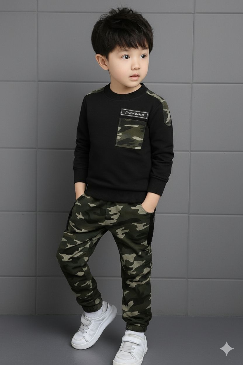 BOYS ARMY PRINTED BLACK T-SHIRT AND TRACK PANT SET