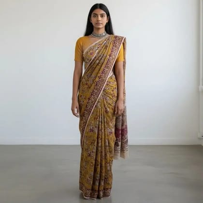 Mustard Mulmul Cotton Kalamkari Saree with Magenta Pallu, Pedana Mustard Mulmul Cotton Kalamkari Saree with Magenta Pallu, Pedana