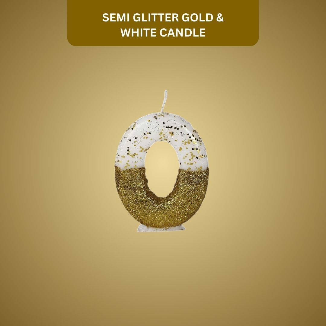 Number 0 Semi Glitter Gold & White Candle - 1PC