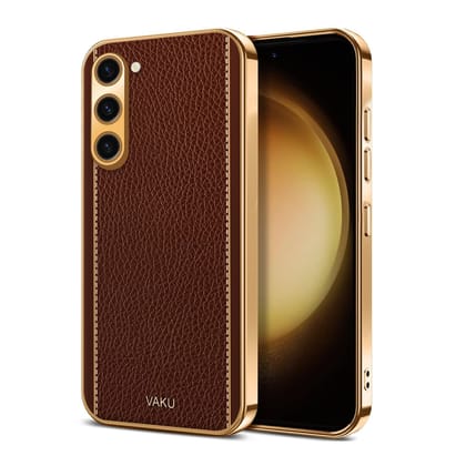 Vaku Luxos Luxemberg Back Cover Case for Samsung Galaxy S23 with Leather Pattern Design Gold Electroplated Soft TPU Cover, Shockproof Protective Case - Brown Vaku Luxos Luxemberg Back Cover Case for Samsung Galaxy S23 with Leather Pattern Design Gold Electroplated Soft TPU Cover, Shockproof Protective Case - Brown