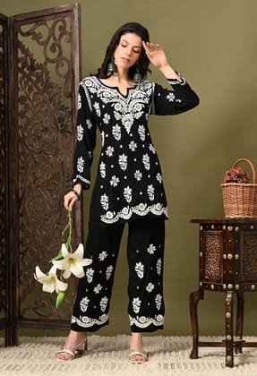 Chikankari Cord Set in Modal Fabric - Black