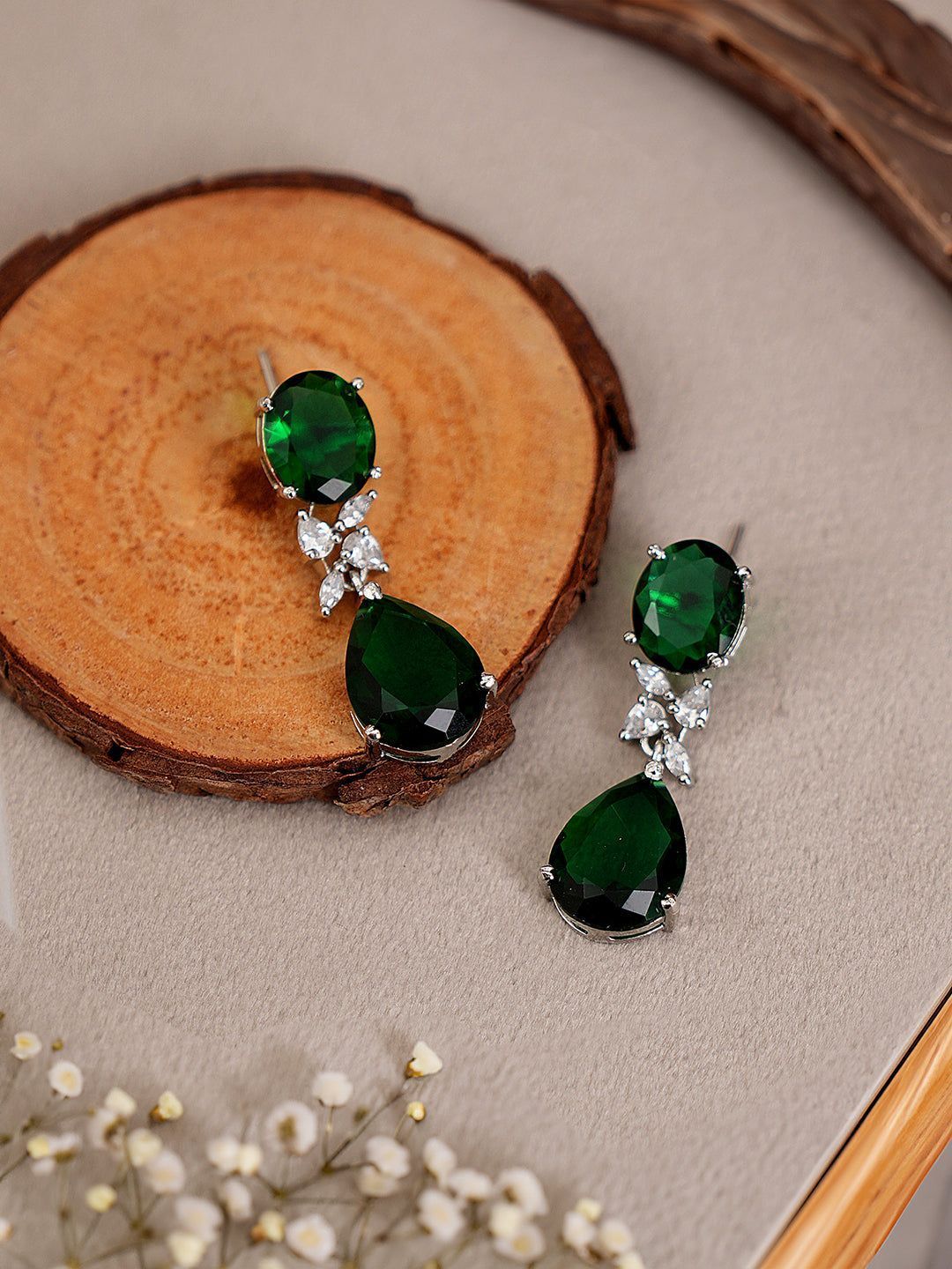 Silver Toned Emarald Green Studded Luxe  Statement Drop Earrings