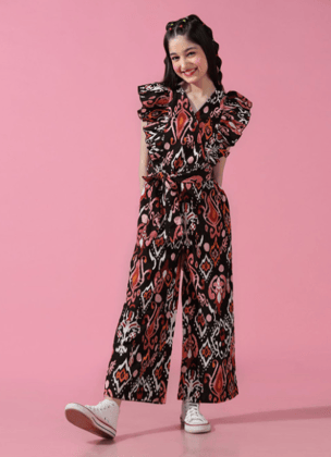 Girls Printed V-Neck Waist Tie Ups Basic Jumpsuit