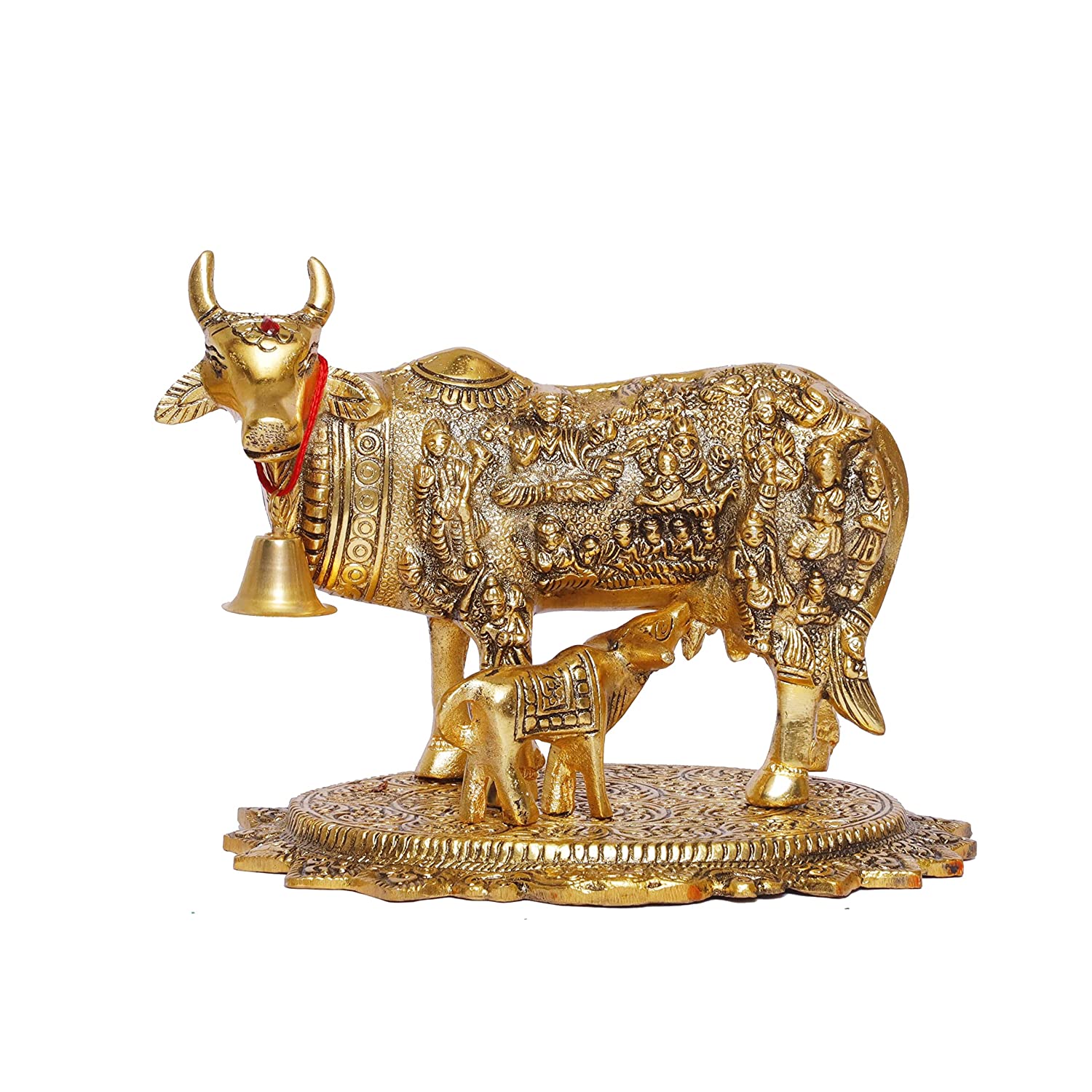DreamKraft Metal Kamdhenu Cow and Calf Statue (24 x15 x19 cm, Gold Oxidize)