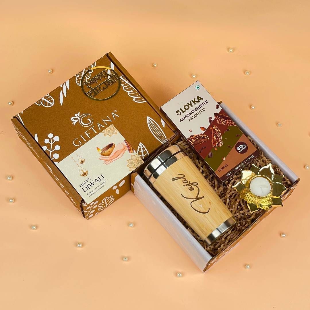 Giftana Diwali Gifts Set with Wooden Tumbler, Loyka & Lotus Diya