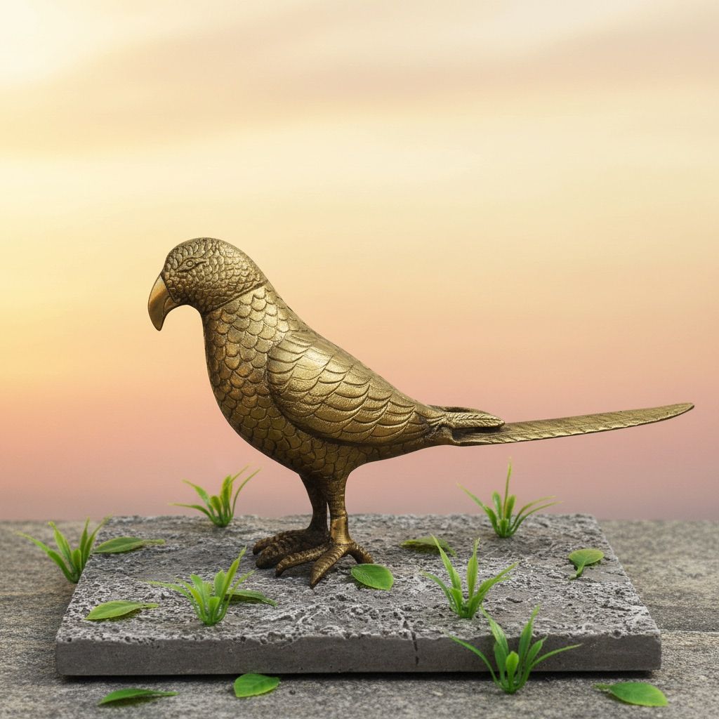 Brass Parrot Statue Table Decor | Handcrafted Bird Showpiece, Height : 7.5 Inch (ANMAS073)