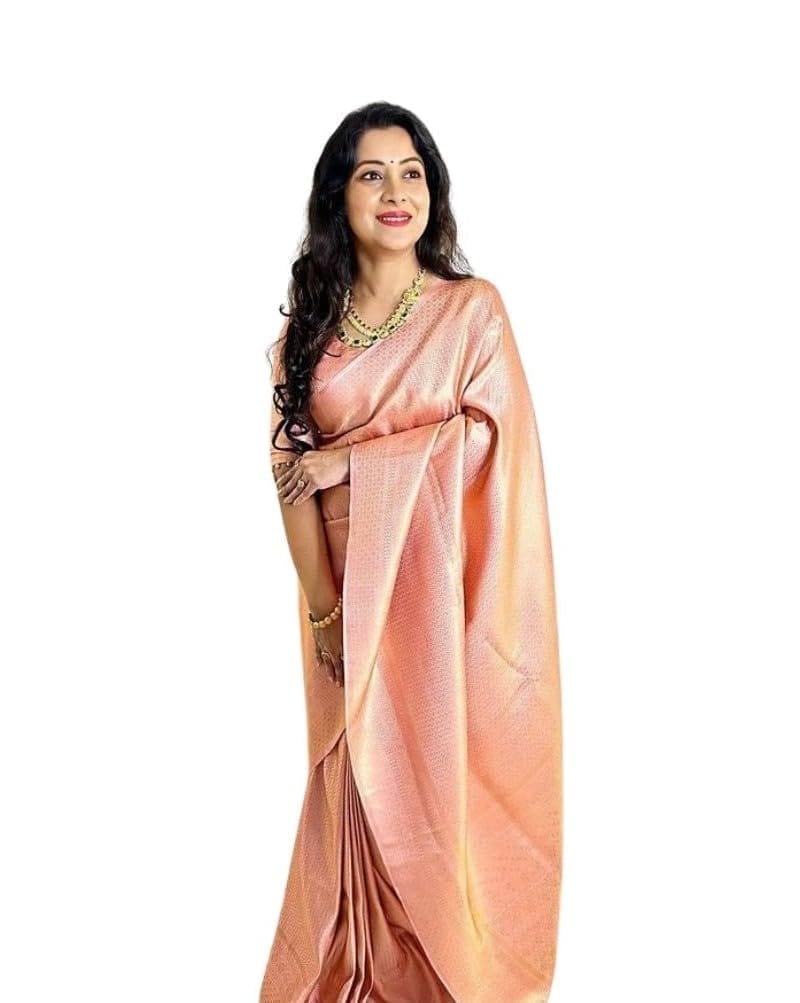 Women's Soft Lichi Silk Printed Saree With Unstitched Blouse 5.5Mtr (Peach)-PID63612