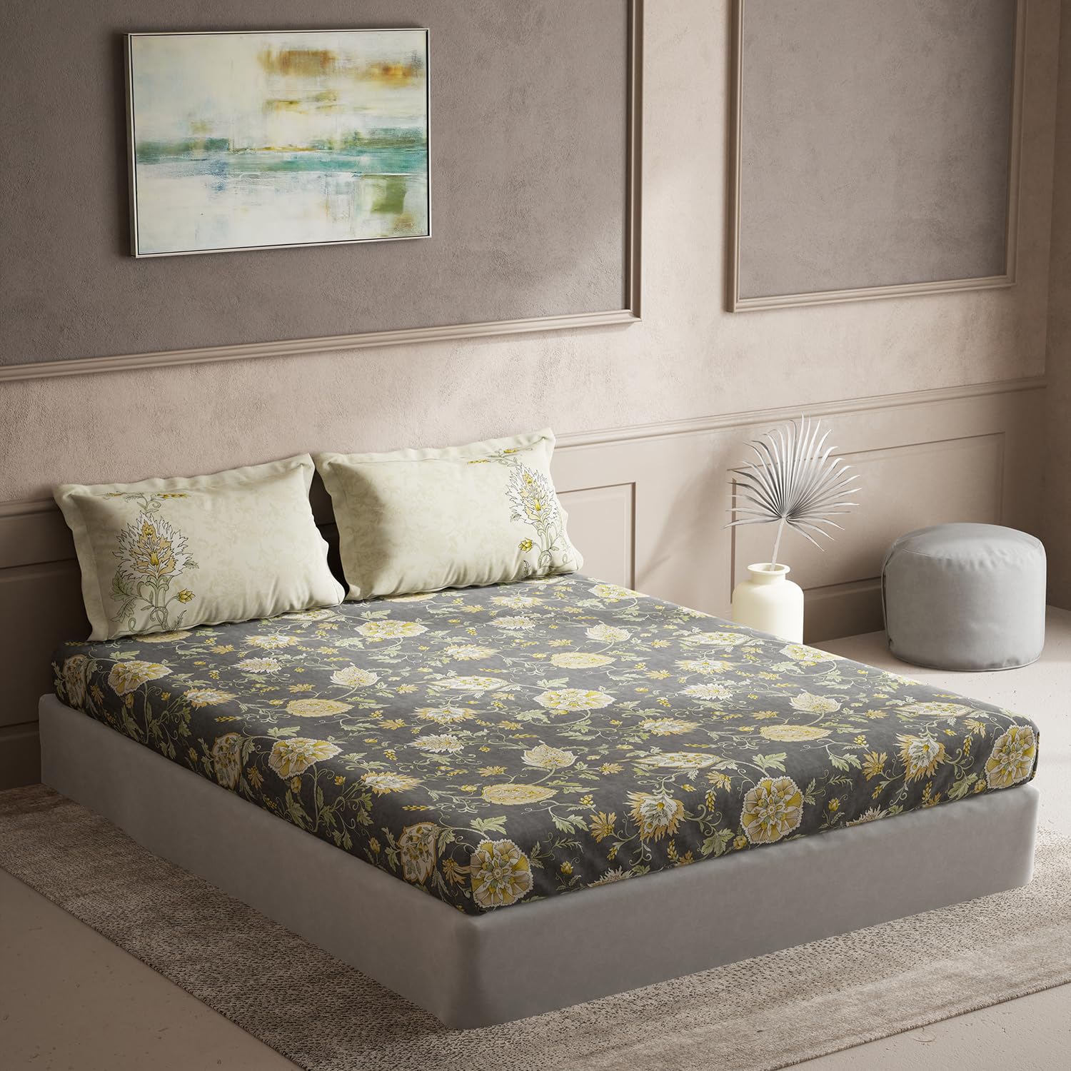 DDecor - Pack of 1 Cotton Queen 144 TC Bedsheet with 2 Pillow Covers - Grey
