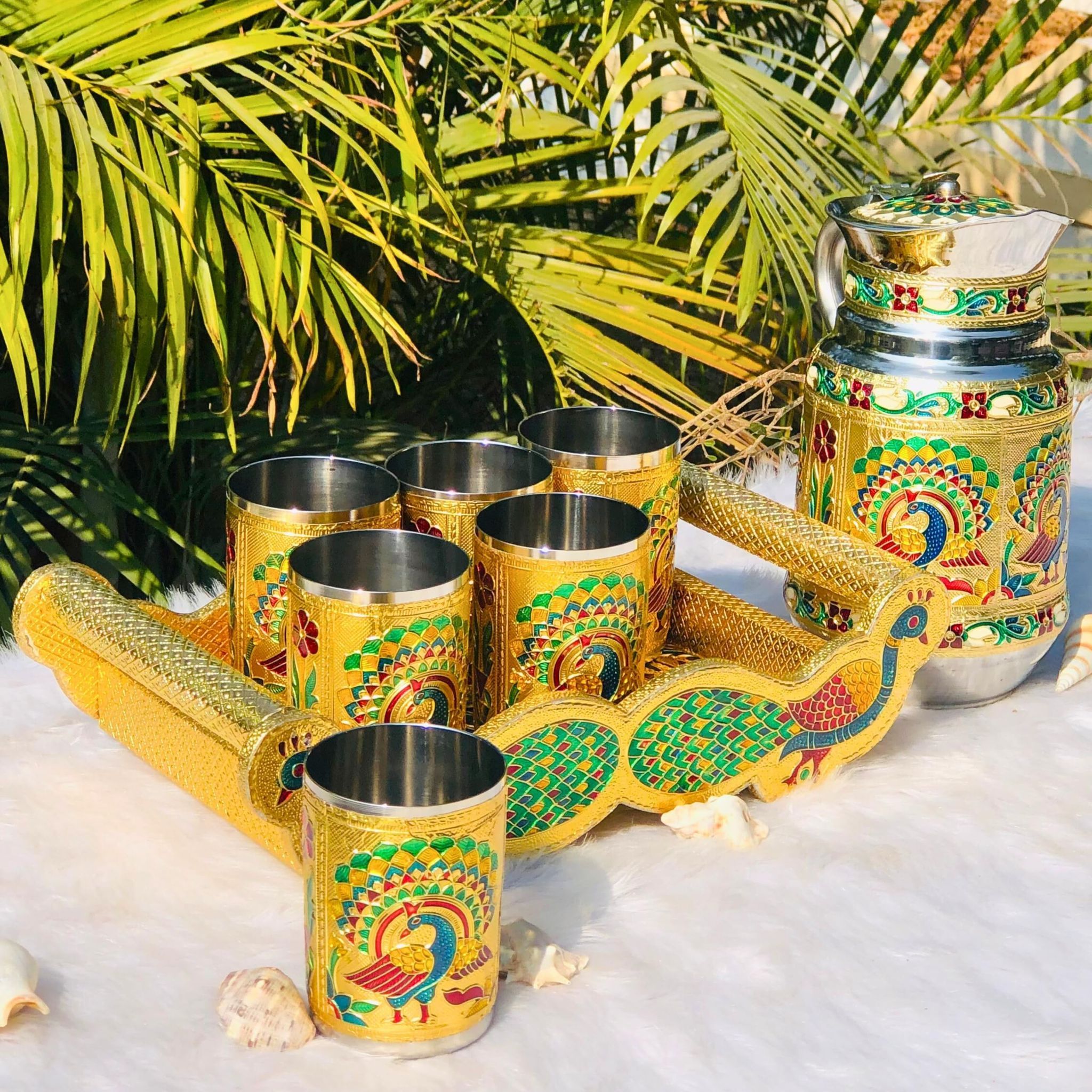 NAVRANG Golden Minakari Serving 6 Glass Tray with 1.5 Liter Jug Steel Jug Glass Tray Set (Tray :- Wooden, Glass:- Steel, Jug :- Steel) Return Gifts