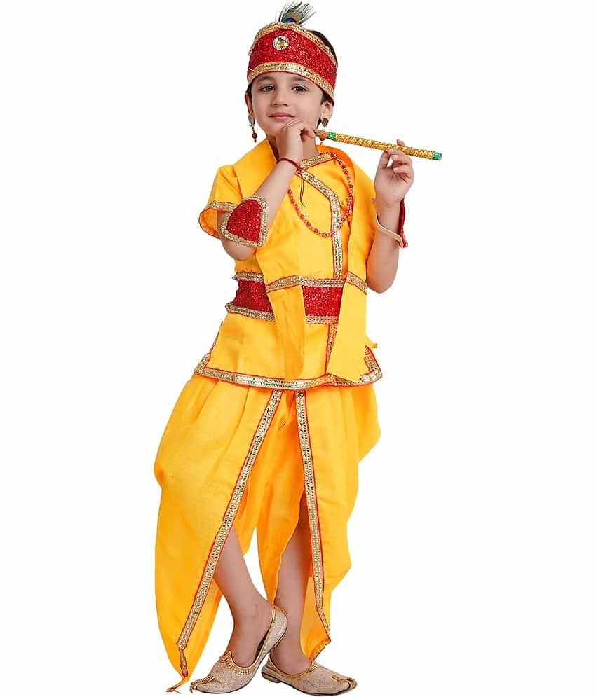 Kaku Fancy Dresses Baby Krishna Dress Cotton Fabric, Krishna Leela Costume With Accessories For Boys & Girls, 3-6 Months