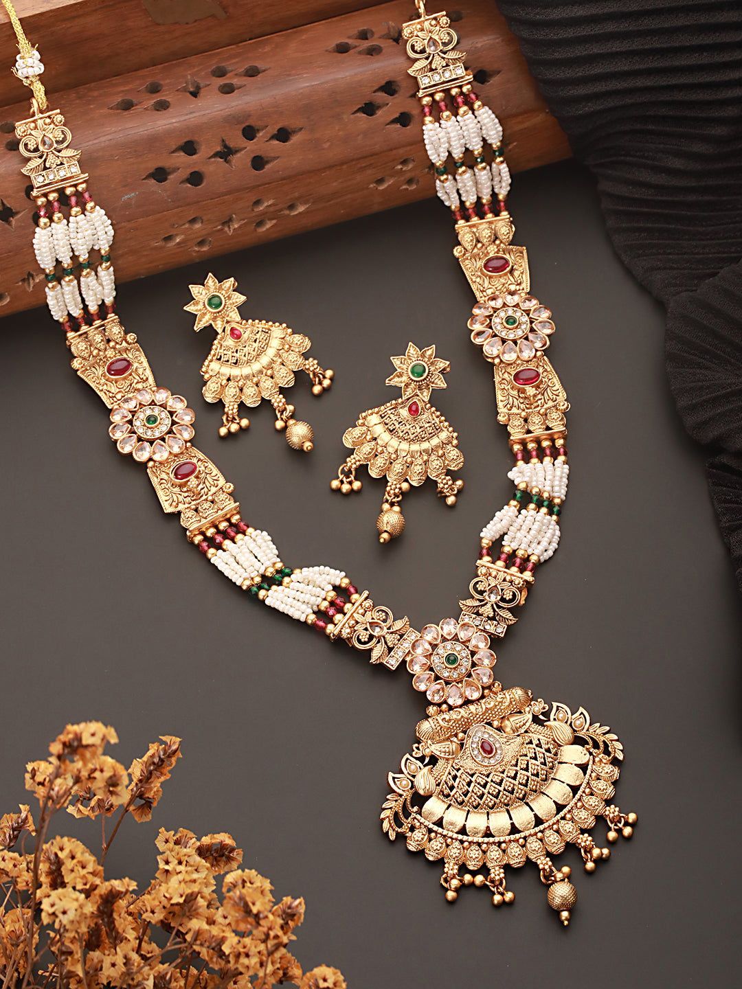 Gold Plated Fusion Stone Studded Filigree Long Maala Bridal Jewellery Set