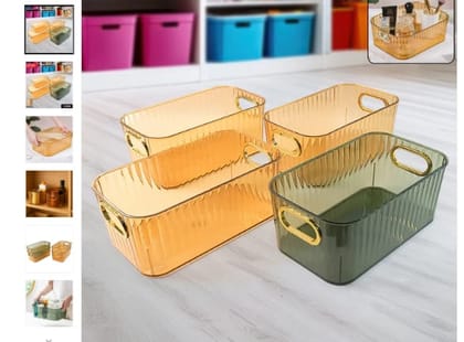 Premium Ribbed Transparent Storage Basket with Gold Handle – Multipurpose Kitchen & Home Organizer Box (25x14cm / 4 Pc) Premium Ribbed Transparent Storage Basket with Gold Handle – Multipurpose Kitchen & Home Organizer Box (25x14cm / 4 Pc)