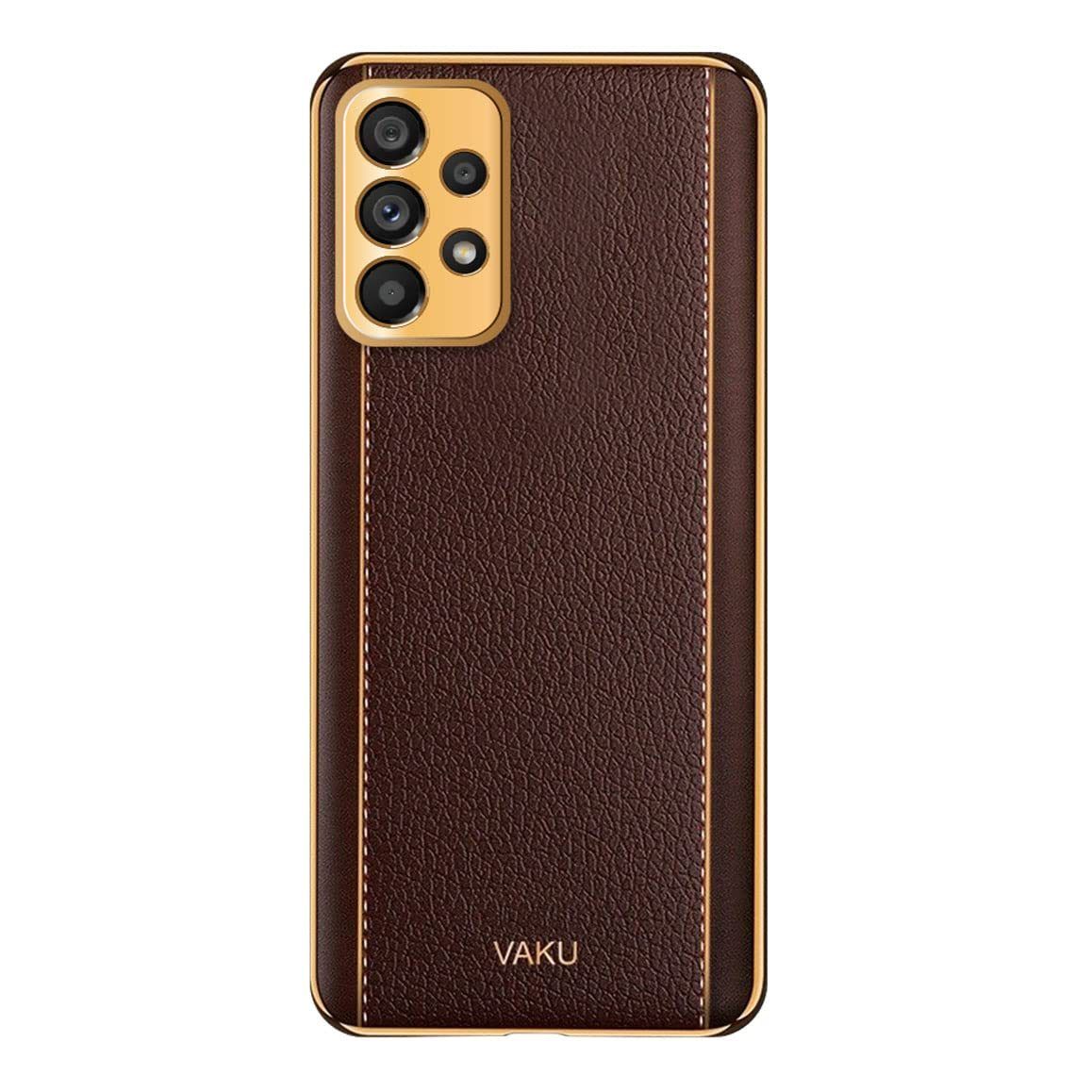 Vaku Back Cover for Samsung Galaxy A32| Luxemberg Series Leather Stitched Gold Electroplated Soft TPU Cover| Shockproof Protective Case (Brown)