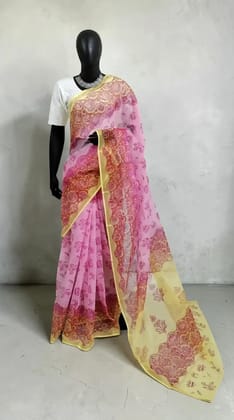 Handwoven Kota Doria Block Print Saree in Yellow with Blouse Handwoven Kota Doria Block Print Saree in Yellow with Blouse