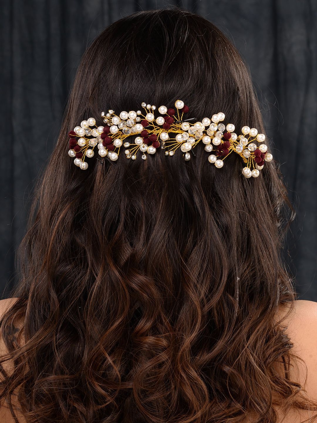 GolD Toned Red & White Pearl Beaded Tiara for Girls & Women