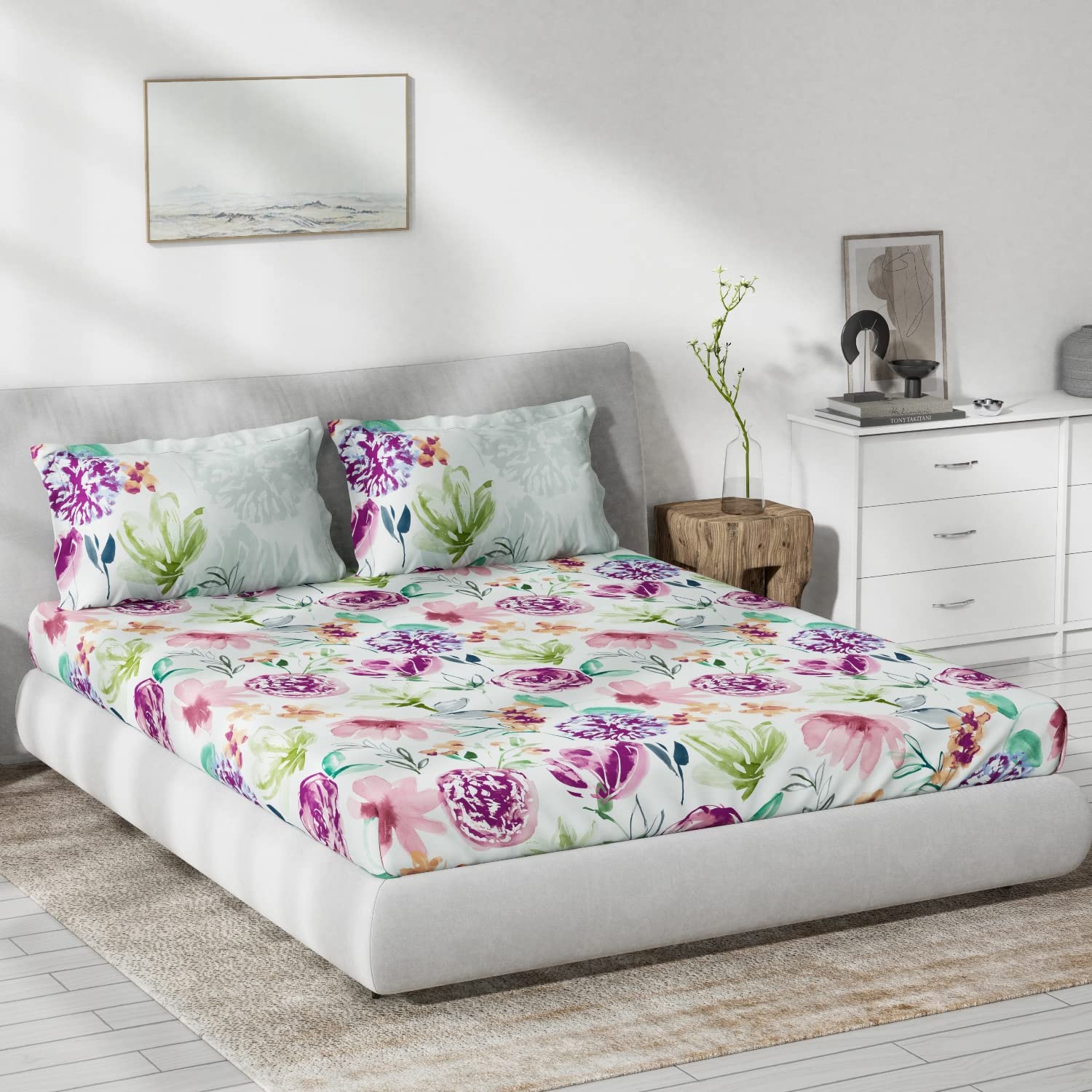 DDECOR - Primary Collection 100% Cotton Floral Pattern 136TC King Bedsheet |229 CM X 274 CM| Pink