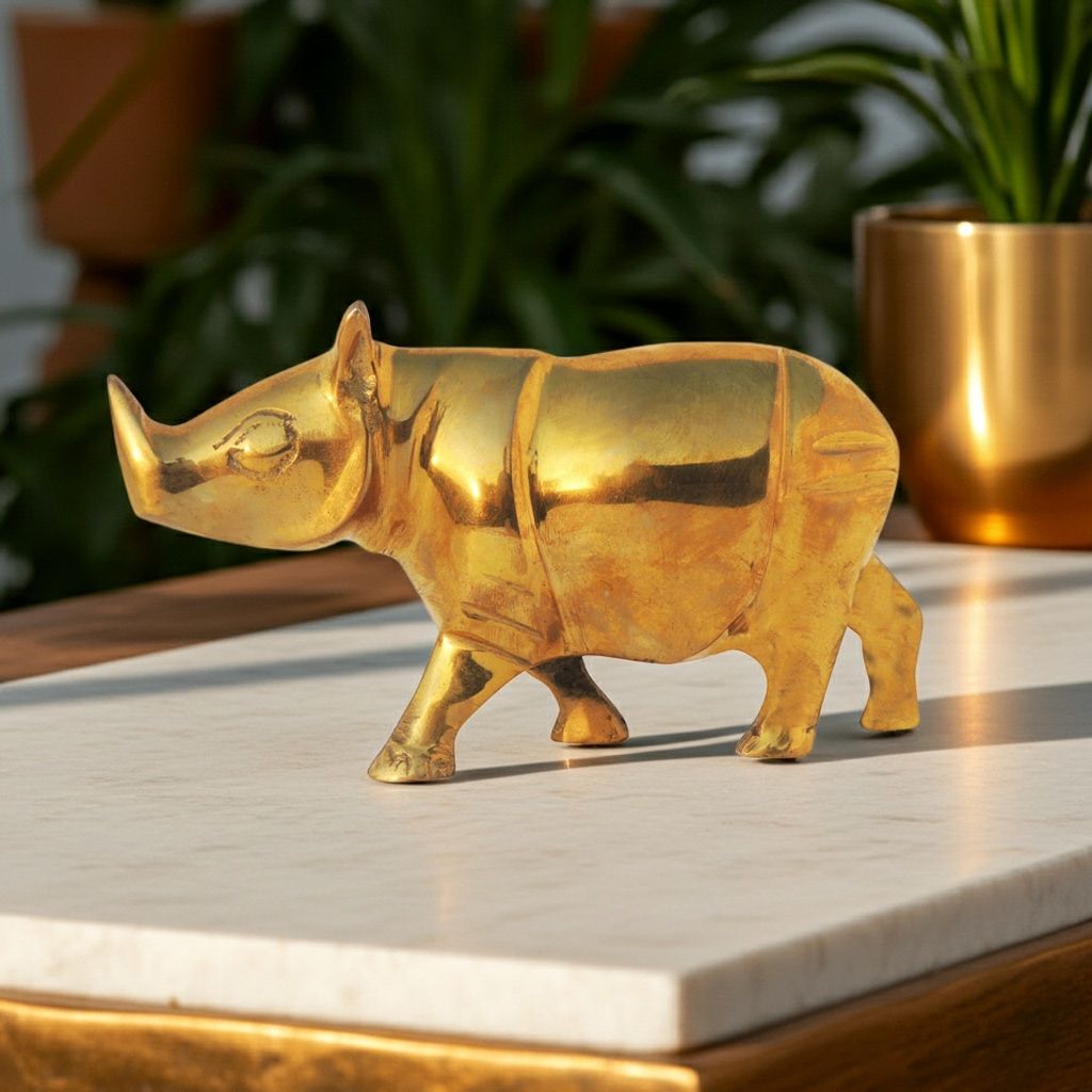 Brass Table Decor Rhino Statue | Premium Animal Figurine, Height : 3.2 Inch (ANMAS198 C)