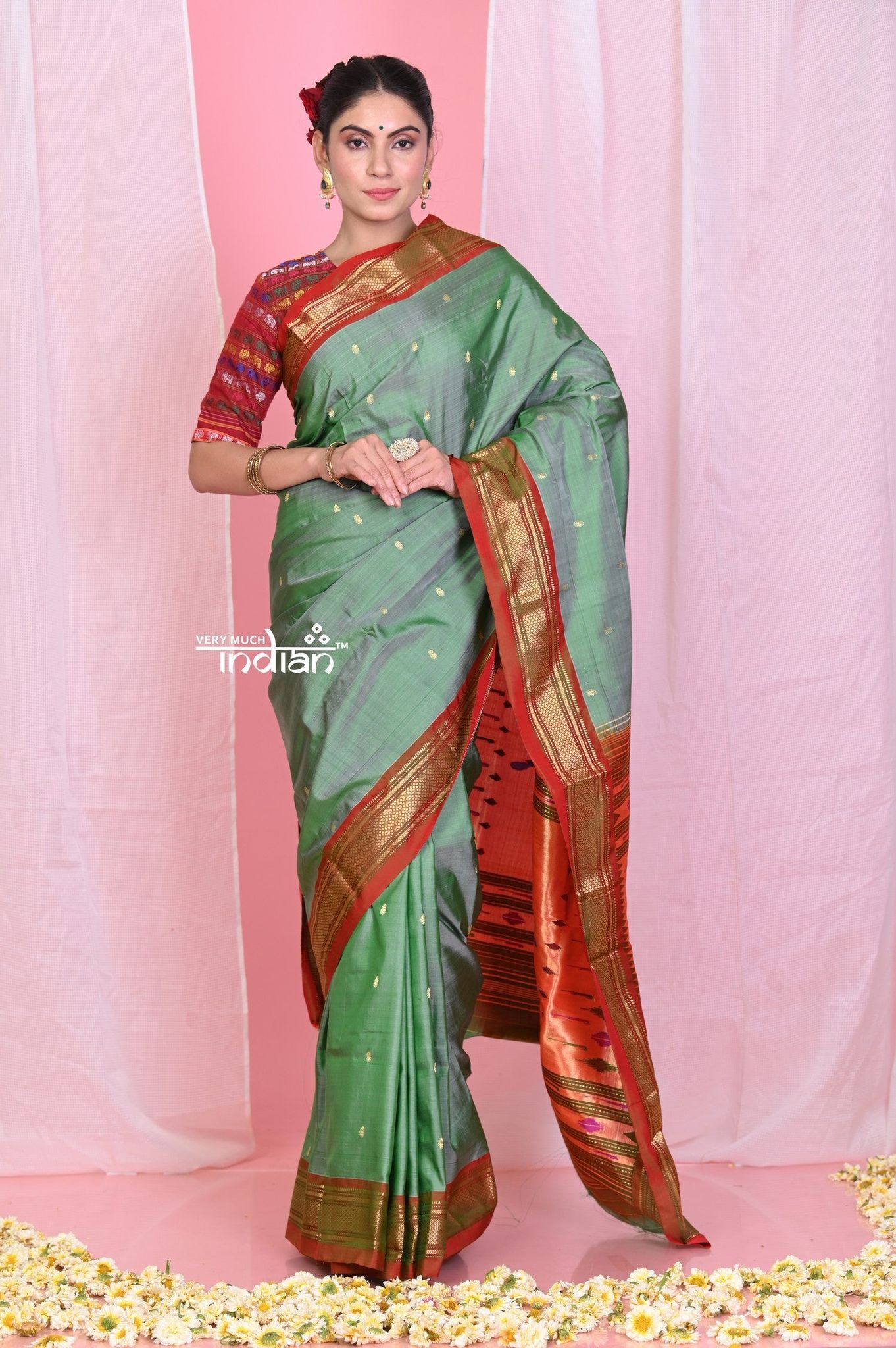 Pehal~Traditional Sage Green Pure Silk Paithani with Red Border & Exclusive Pallu