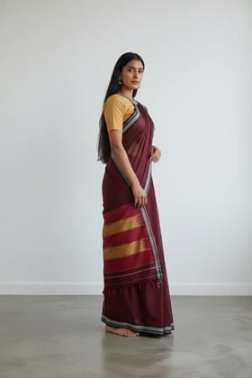 Handwoven Ilkal Cotton Saree in Maroon with Mustard Pallu Bands Handwoven Ilkal Cotton Saree in Maroon with Mustard Pallu Bands