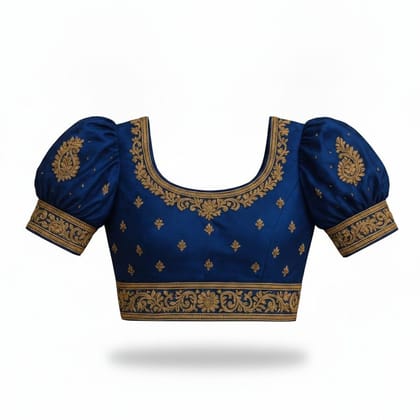 Elegant Embroidered Blue Puff-Sleeved Blouse