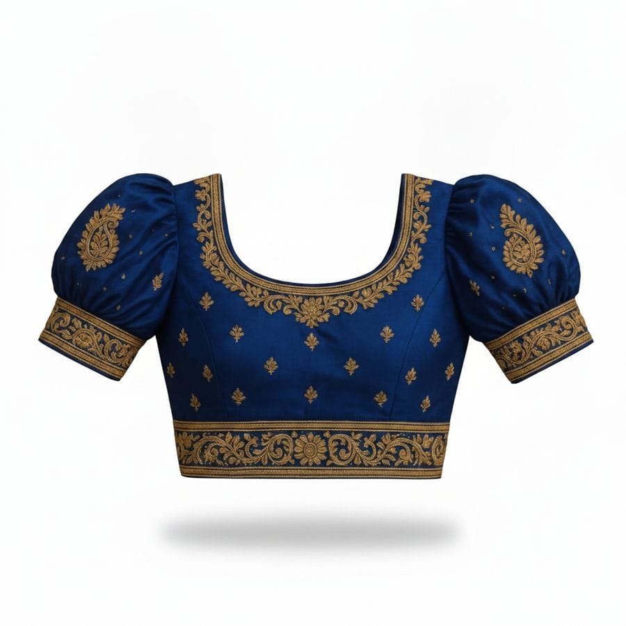 Elegant Embroidered Blue Puff-Sleeved Blouse
