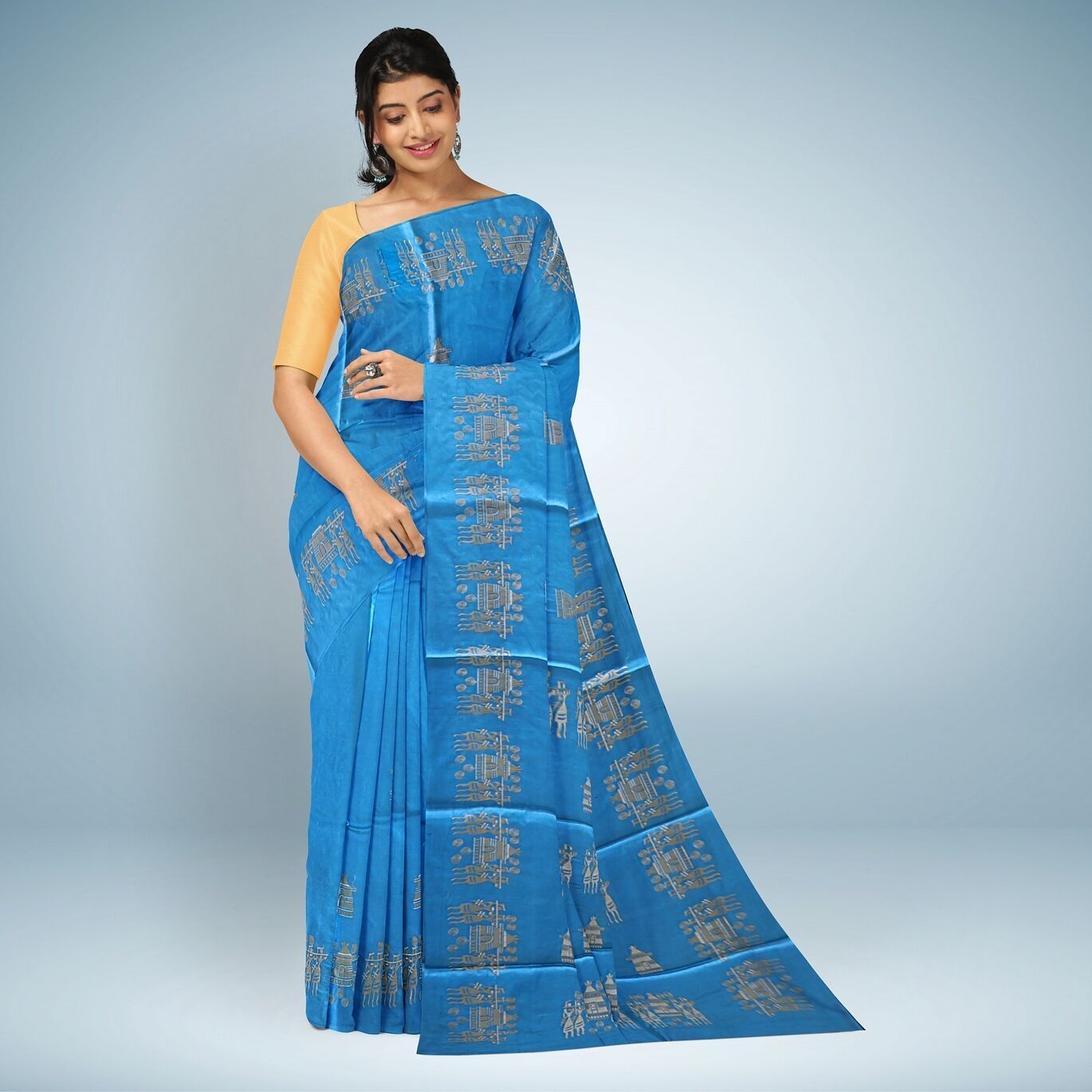 Cyan Cornflower Blue Embroidery Tussar Silk Saree