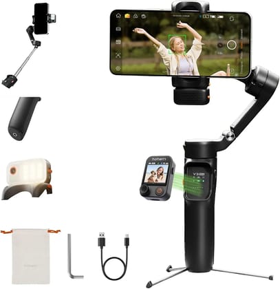 Hohem V3 Ultra - Smart Phone Gimbal with AI Tracking, Fill Light, Detachable Remote and Built-in Extendable Rod & Tripod (Black)