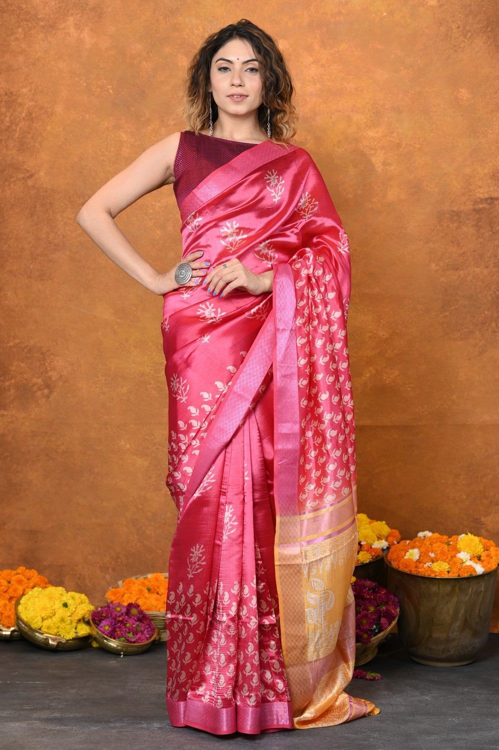 Designed By VMI~ Handloom Pure Organic Banana Silk Saree with Allover Handblock Print ~Pink