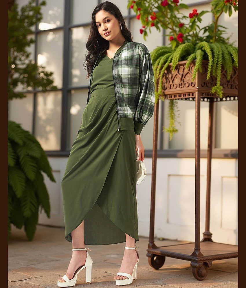 Zima Leto Women Printed Top With Skirt Co-Ord Set ( Olive )