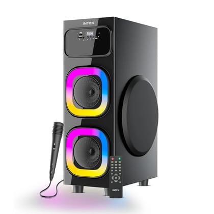 Intex 80W Powerful Dynamic Bass Tower Speaker with Wired Mic | RGB Lights | LED Display & Bluetooth v5.2 | Fully Remote Control (Black, 8" Woofer Size)