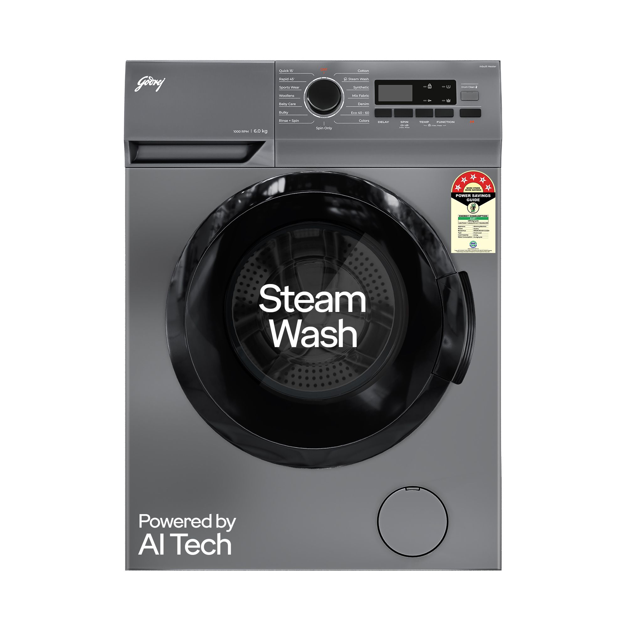 Godrej 6 Kg Eco-Wash With Steam Wash Fully-Automatic Front Load Washing Machine (WFEON ARG 6010 5.0, Silver Stream)