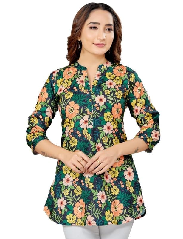 Women's Cotton Blend Mandarin Collar 3/4 Sleeves Short Top (Green, XL)-PID56237