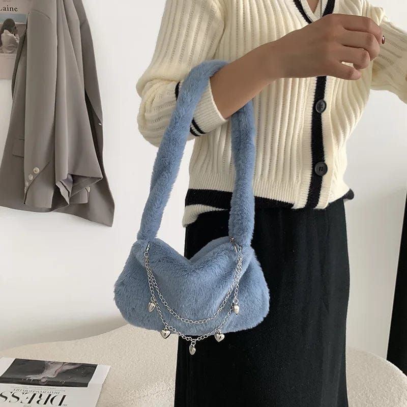 Winter Luxury Warm Plush Shoulder Bag Metal Chain Crossbody Shoulder Bag Soft Faux Tote Fur Bags Women Purses Handbags