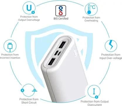 Portronics Indo 20X , 20,000mAh Power Bank with LED Indicator, 2.0A Dual Input (Type C + Micro USB) and Dual USB Output (2.1A + 1.0A) for All Android and iOS Devices (White)